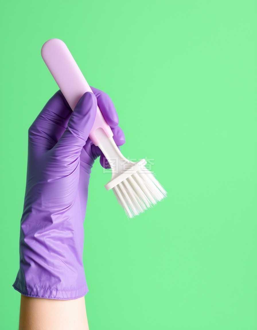 清潔的力量 紫色橡膠手套與綠色清潔刷的協(xié)作